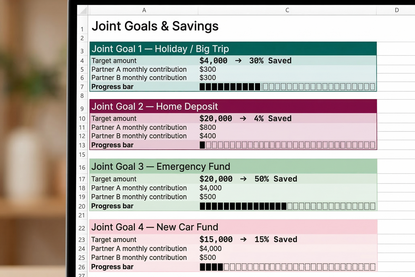 Couple's Savings Goals Tracker – Joint Progress Bars and Monthly Snapshot Excel