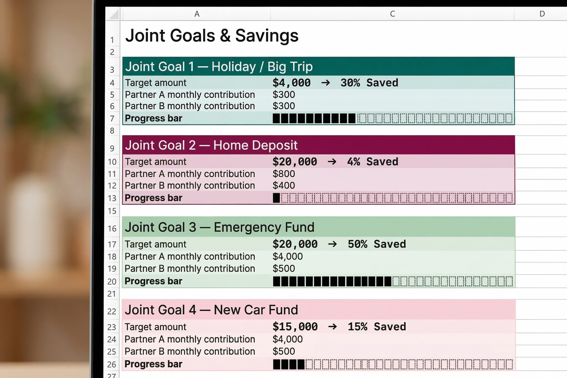 Couple's Savings Goals Tracker – Joint Progress Bars and Monthly Snapshot Excel
