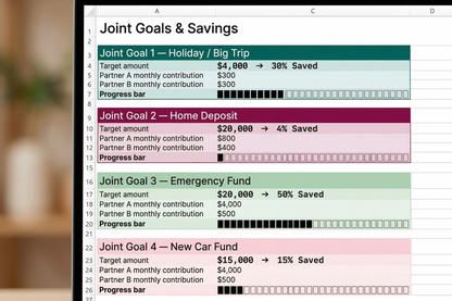 Couple's Savings Goals Tracker – Joint Progress Bars and Monthly Snapshot Excel
